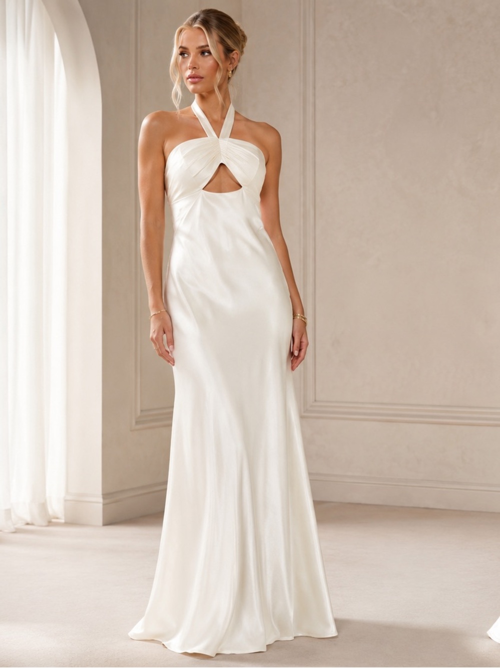 NWT Morgan & Co Ivory Satin Halter Formal Gown | Size 5 Juniors